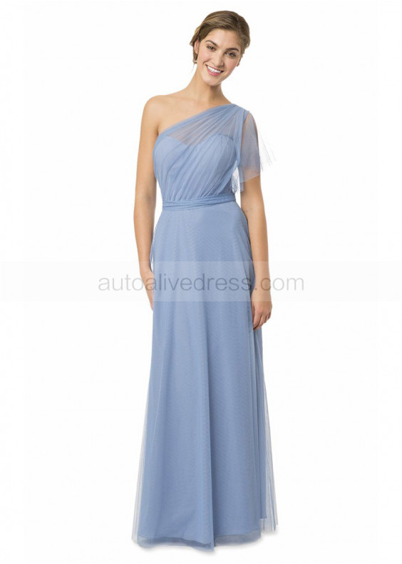 A-line One Shoulder Sky Blue Tulle Pleated Bridesmaid Dress With Sash